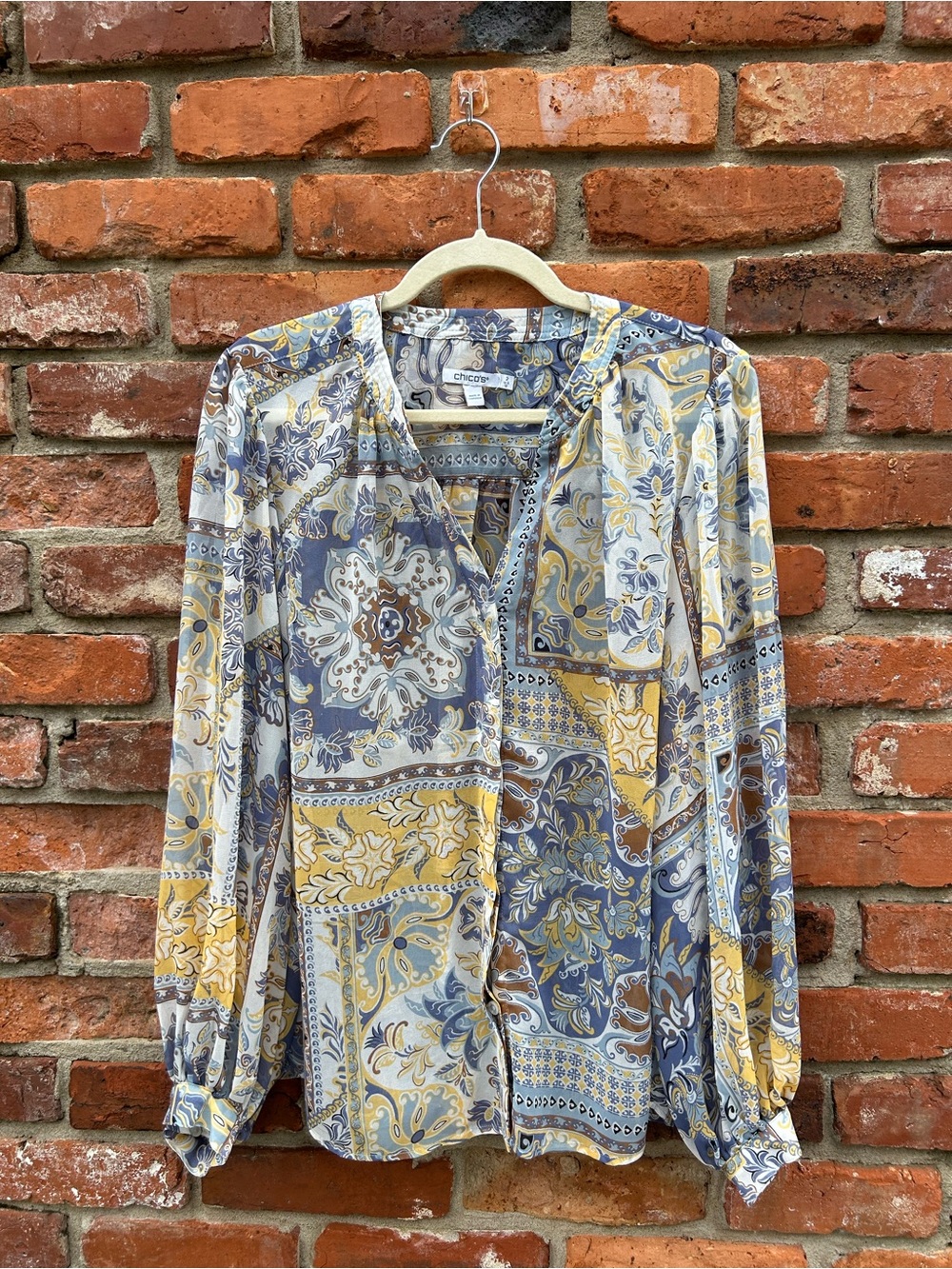Chico's Womens Sheer Long Sleeved Paisley Blouse Size 2/L